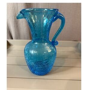 Blue Crackle Glass. Pitcher 7" hand Blown